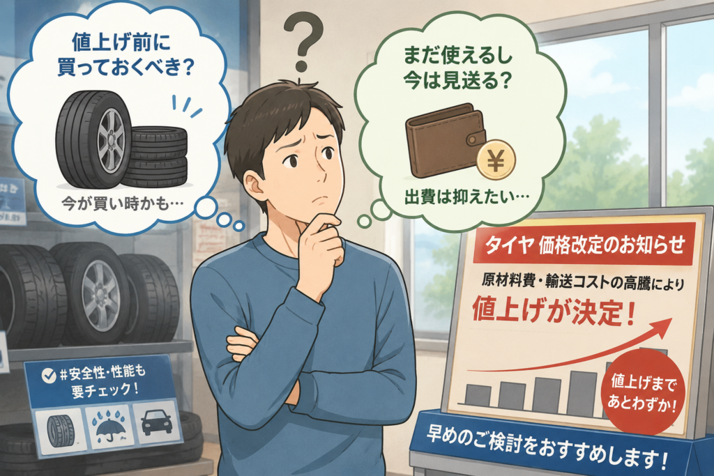タイヤの値上げを前に、今のうちに購入するか見送るか悩んでいる男性のイメージイラスト