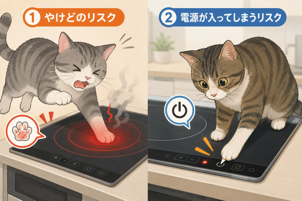 IHコンロに触れてやけどする猫と、操作部に触れて誤って電源を入れてしまう猫のイラスト