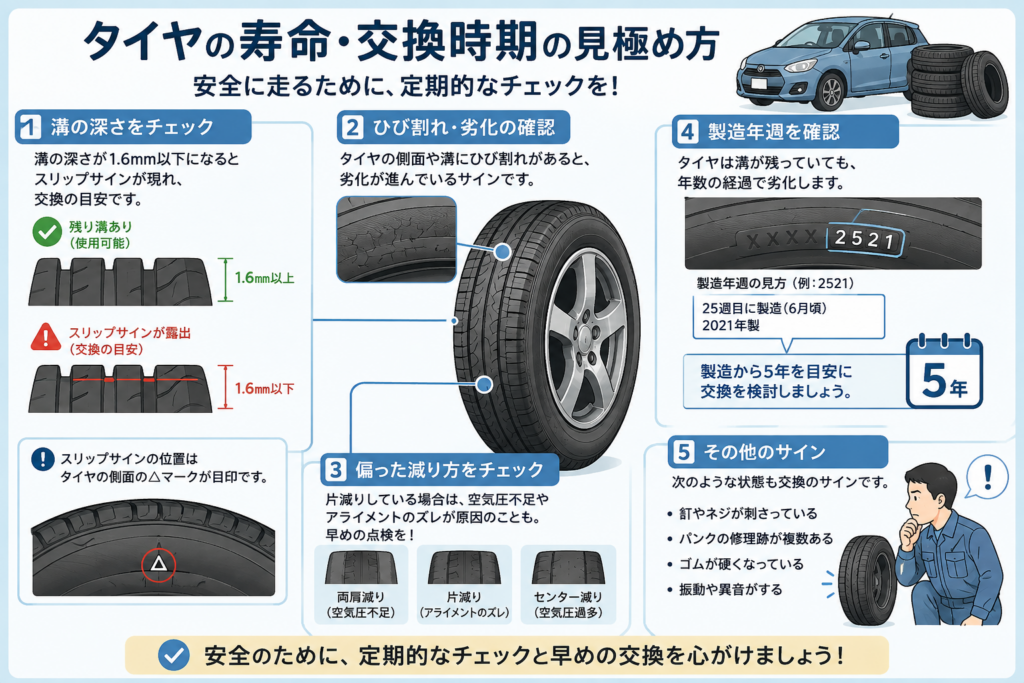 タイヤの溝の深さやひび割れ、偏摩耗、製造年週などから寿命と交換時期を確認する方法を解説したイラスト