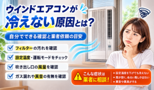 窓に設置されたウインドエアコンが冷えず、原因や業者依頼の目安を確認している女性のイメージ画像