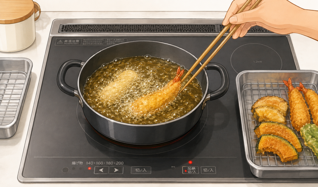 IHコンロの鍋でエビや野菜を揚げている様子のイメージイラスト