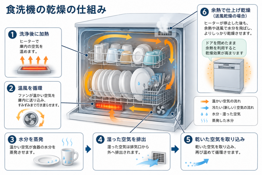 食洗機が温風を循環させ、食器の水分を蒸発させて乾燥させる仕組みを解説したイラスト