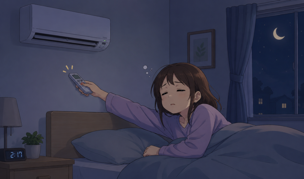 夜中に眠そうな表情で、ベッドからリモコンを操作してエアコンを切っている女性のイラスト