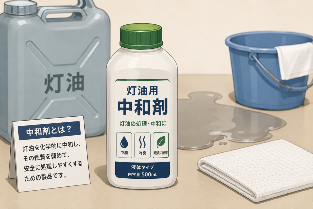 灯油のポリタンクやこぼれた灯油と一緒に置かれた灯油用中和剤のイメージイラスト