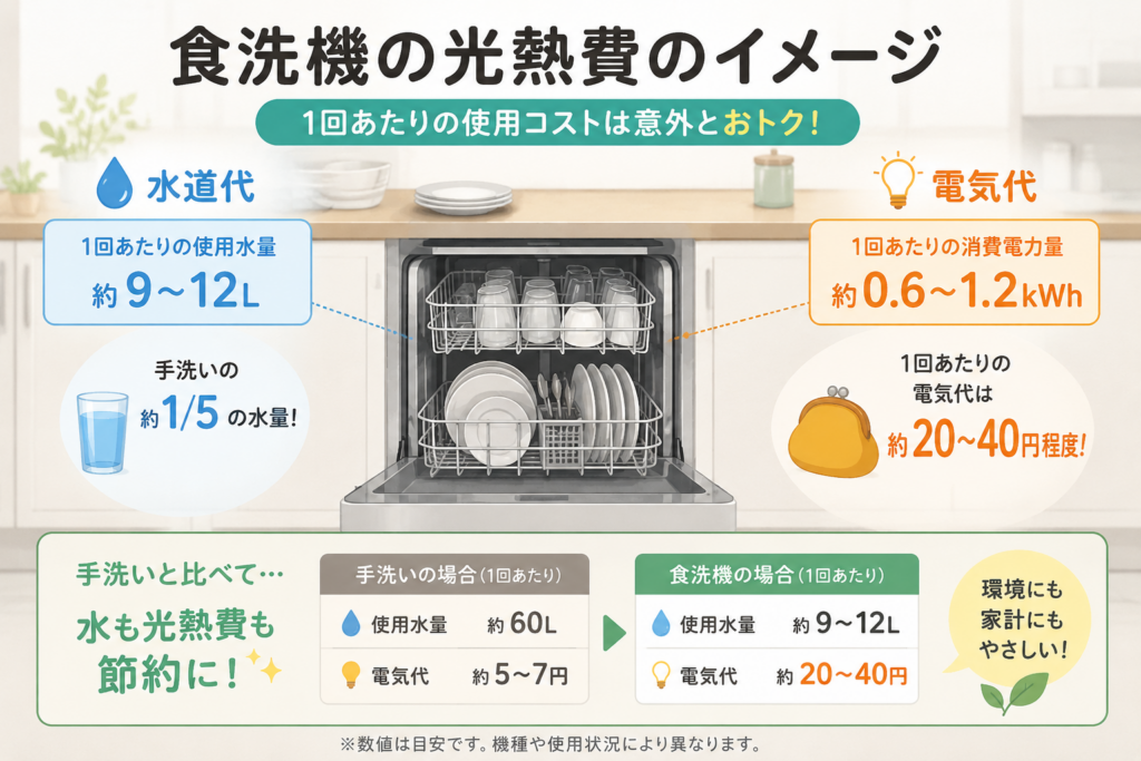 食洗機の使用にかかる水道代や電気代などの光熱費をイメージしたイラスト