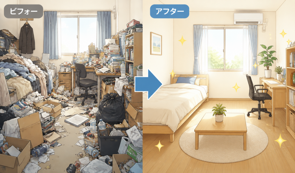 物やゴミで散らかった汚部屋が、片付けによって明るく清潔な部屋になったビフォーアフターのイラスト