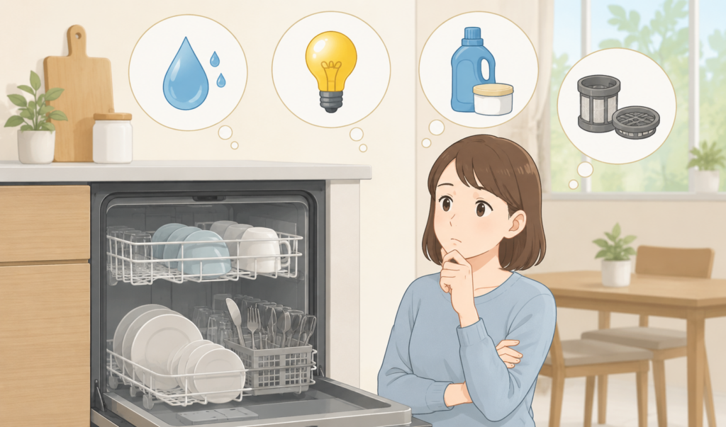 食洗機の水道代・電気代・洗剤代・フィルターなどのランニングコストを気にしている人物のイラスト