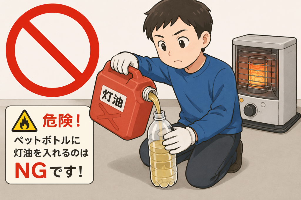 ペットボトルに灯油を入れようとしている人物と、危険を示すNGマークのイメージイラスト