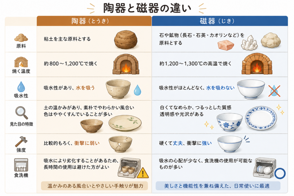 陶器と磁器の違いを、原料・焼成温度・吸水性・見た目・強度・食洗機への適性で比較したイメージイラスト