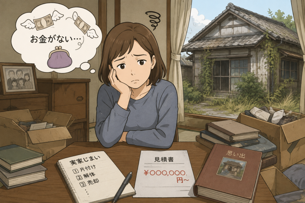 実家じまいをしたいものの、お金がなく実家を片付けられず放置して悩んでいる女性のイラスト