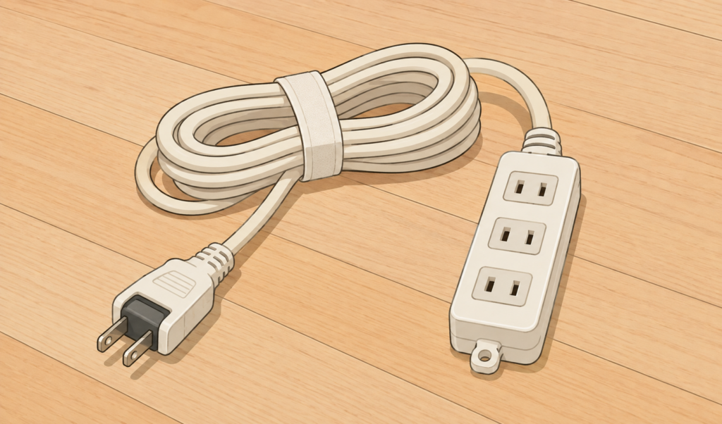 白い3口電源タップとコード、プラグを描いた延長コードのイメージイラスト