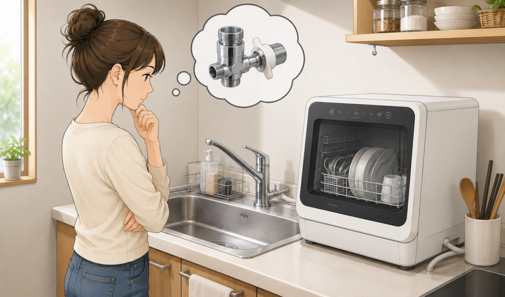 卓上食洗機が置かれた賃貸住宅のキッチンで、蛇口に取り付ける分岐水栓を想像している人物のイラスト