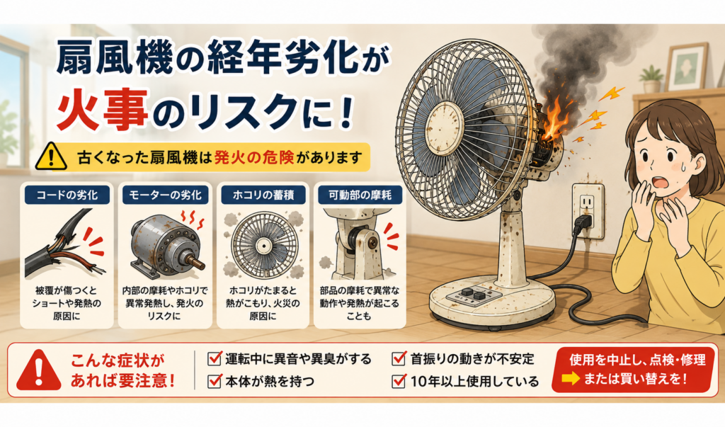 経年劣化した扇風機から発煙・発火し、火事のリスクが高まっている様子を示したイラスト