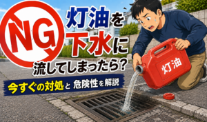 灯油を屋外の下水に流してしまった様子と大きなNGマークを描いたイラスト