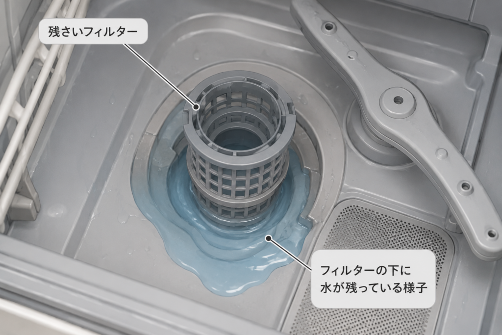 食洗機の残さいフィルターの下に水が残っている様子を示したイメージイラスト