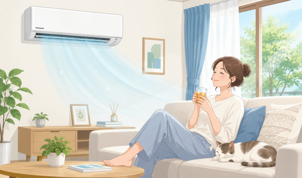 パナソニックのエアコンが効いた涼しいリビングで、女性がリラックスしながら快適に過ごしている様子のイラスト
