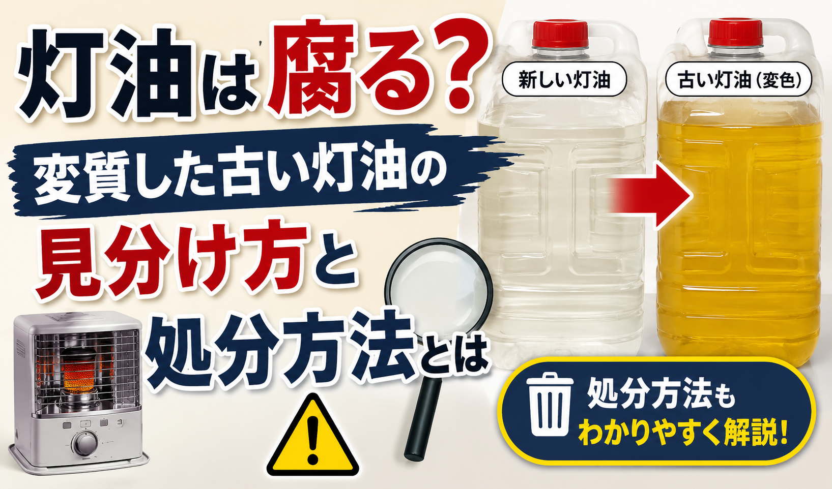 透明な新しい灯油と、黄色く変色した古い灯油を比較し、変質した灯油の見分け方と処分方法を示したイメージ