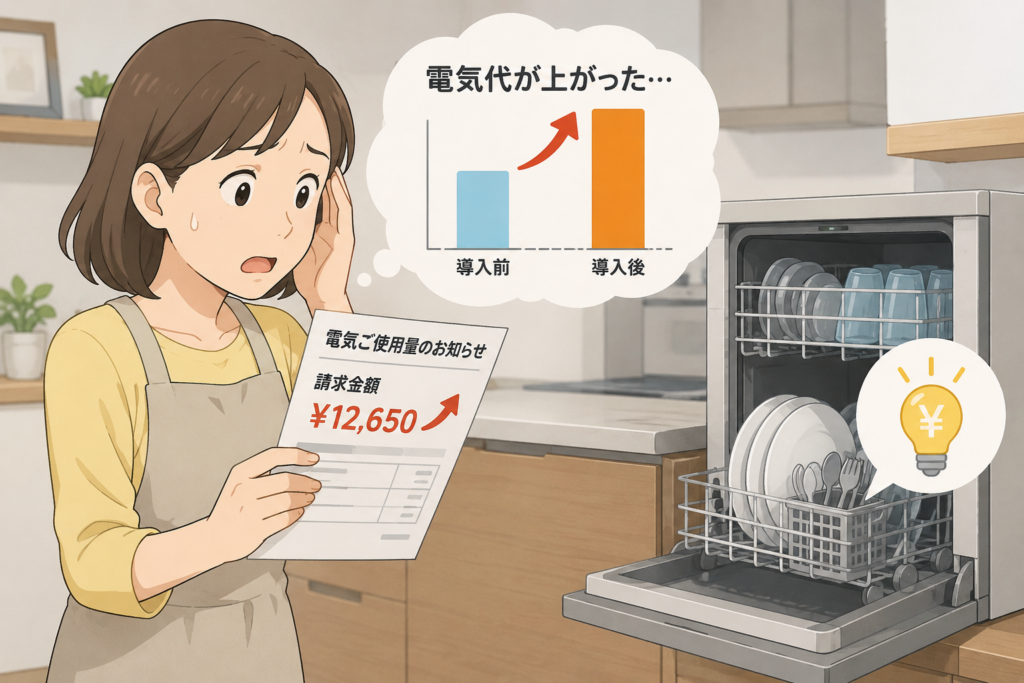 食洗機を導入したあとに電気代が上がり、請求額を見ながら心配している女性のイラスト
