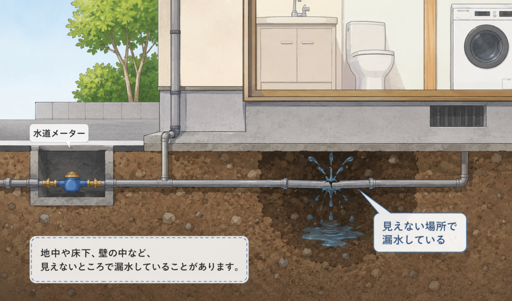 家の床下にある水道管から、目に見えない場所で漏水している様子を示したイラスト