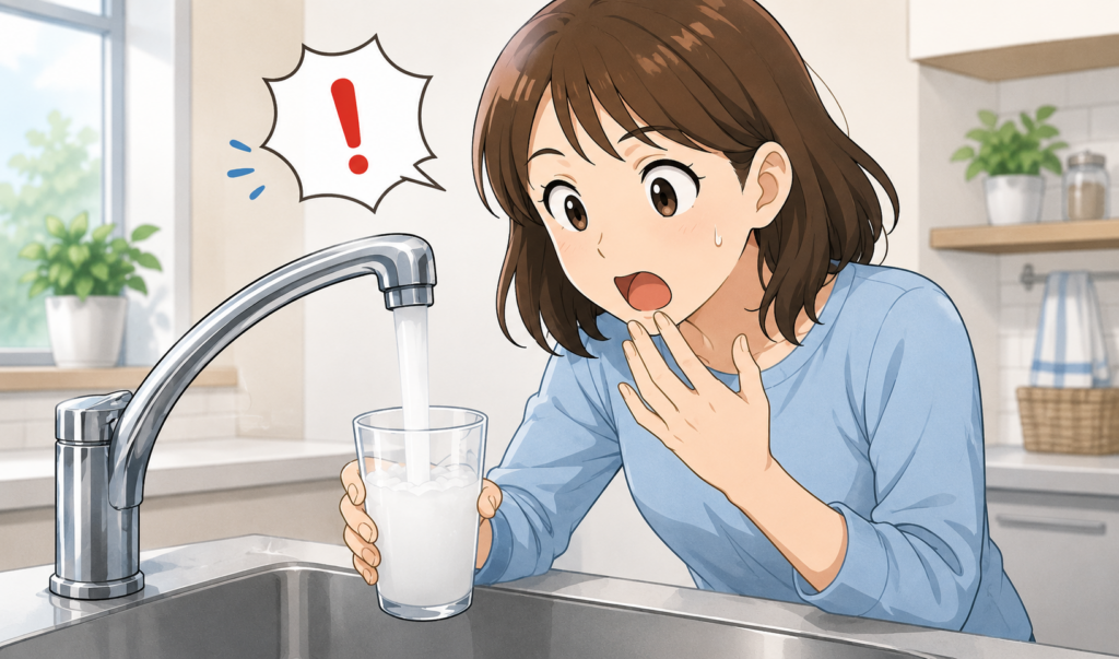 水道の蛇口から白く濁った水が出ているのを見て驚いている女性のイメージイラスト