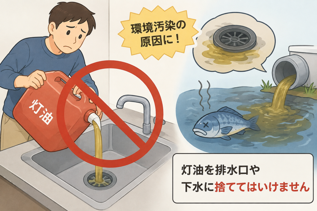 灯油を排水口や下水に流してはいけないことを示すイメージイラスト