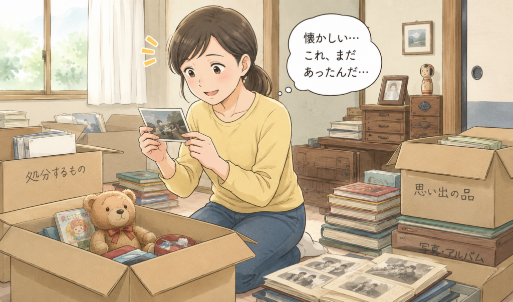 実家の片付け中に古い写真やアルバムなどの思い出の品を見つけ、懐かしそうに眺めている女性のイラスト