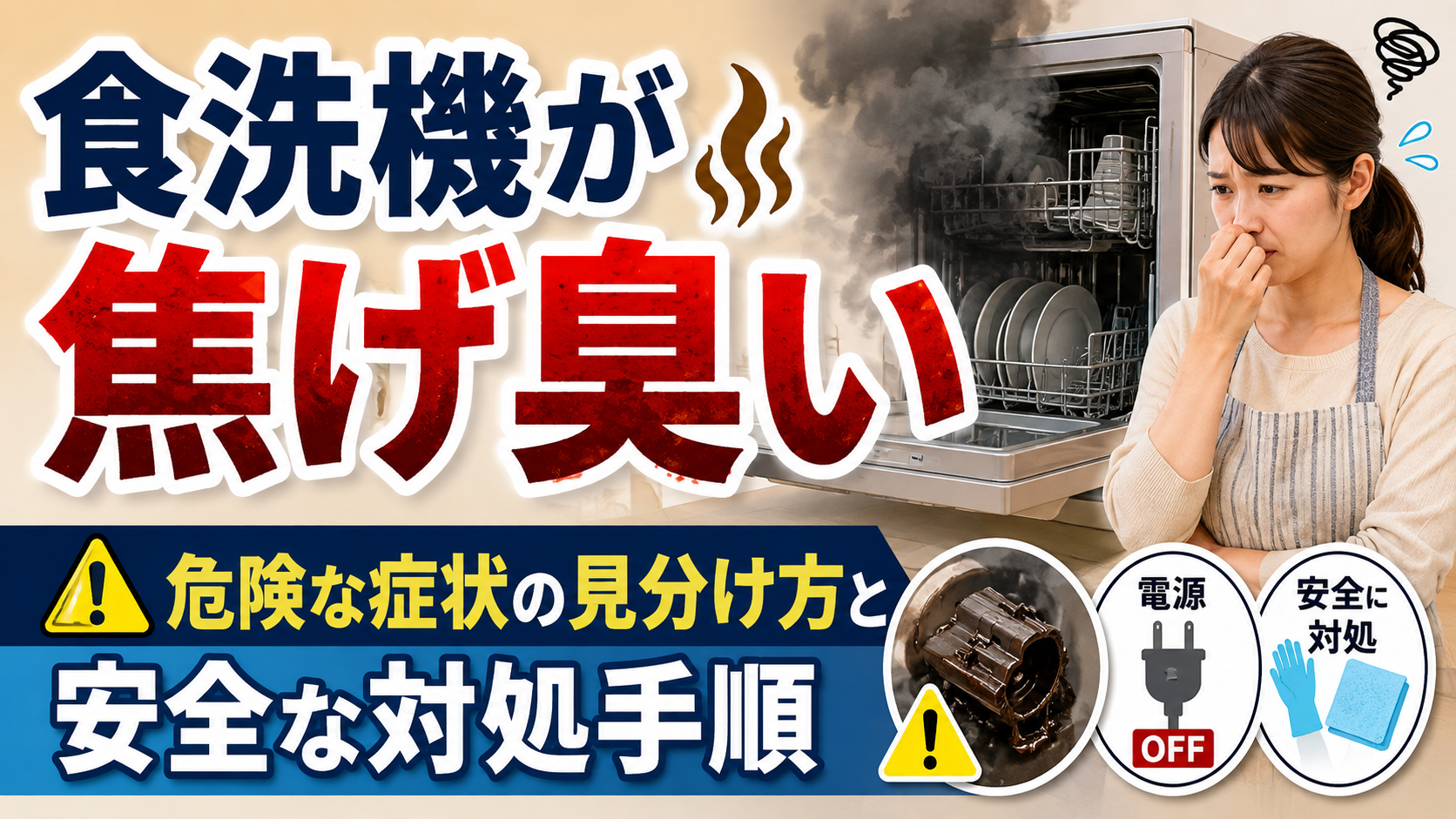焦げ臭い食洗機から煙が出ている様子と、異変に気づいて心配する女性を描いたサムネイル画像