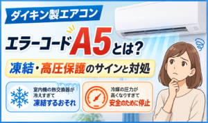 ダイキン製エアコンのエラーコードA5について、冷房時の凍結防止と高圧保護のサインを解説するイメージイラスト