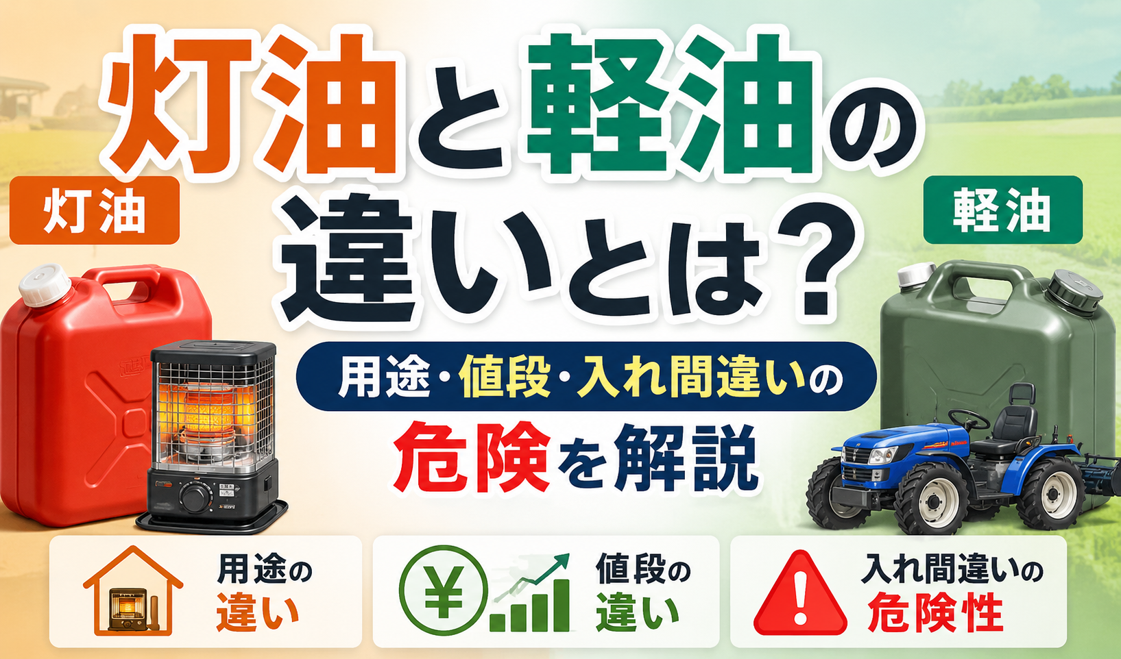 灯油と軽油の用途・値段・入れ間違いの危険性の違いを示したイラスト