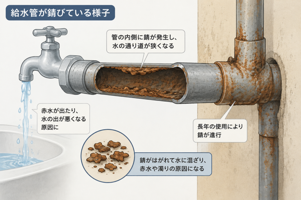 内部に赤茶色の錆が付着し、水の通り道が狭くなっている給水管の断面イラスト