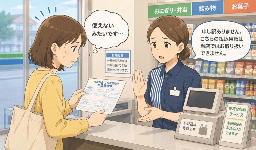 コンビニのレジで水道料金の払込用紙を店員に渡したものの支払いできず困っている女性のイラスト
