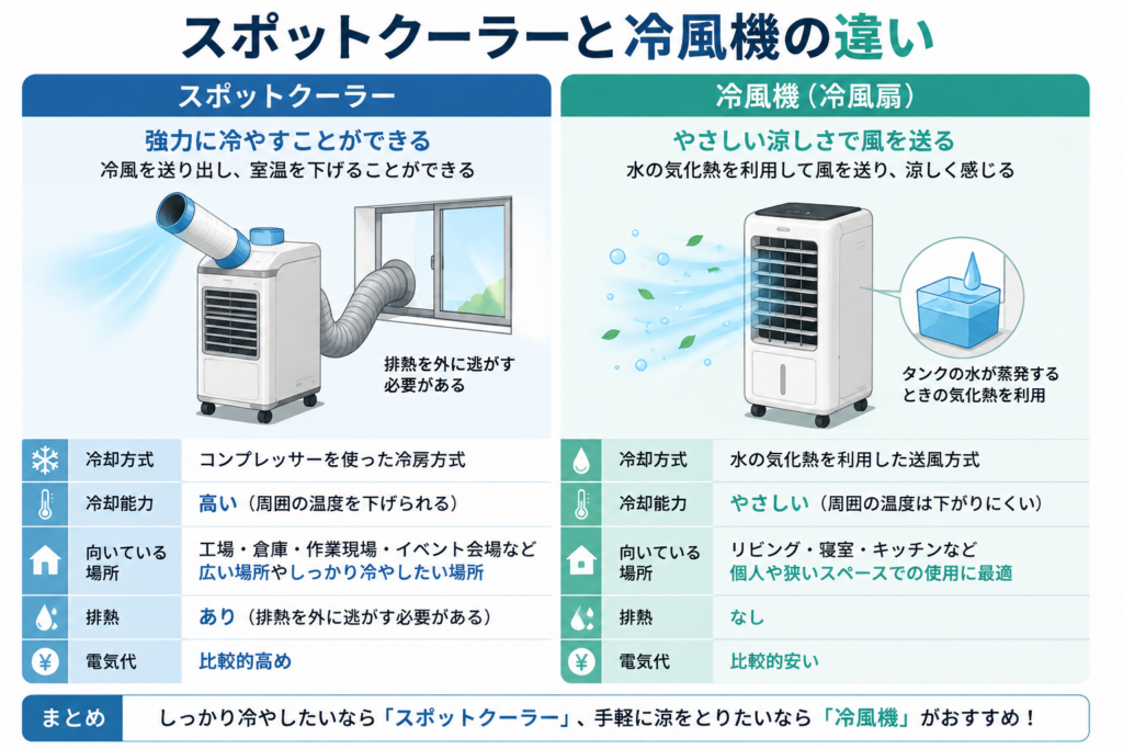 スポットクーラーと冷風機の冷却方式や冷却能力、排熱の有無などの違いを比較したイラスト