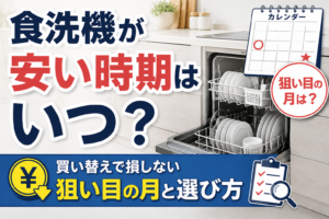 食洗機が安い時期と買い替えの狙い目を、カレンダーと食洗機で表現したサムネイル画像