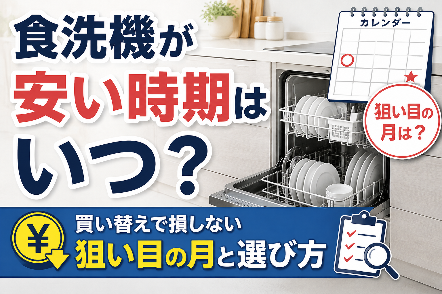 食洗機が安い時期と買い替えの狙い目を、カレンダーと食洗機で表現したサムネイル画像