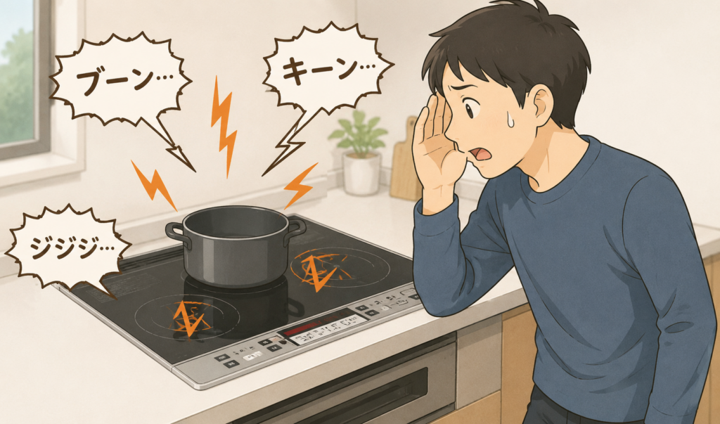 IHコンロから異音がして、耳を傾けながら心配そうに確認している人物のイラスト