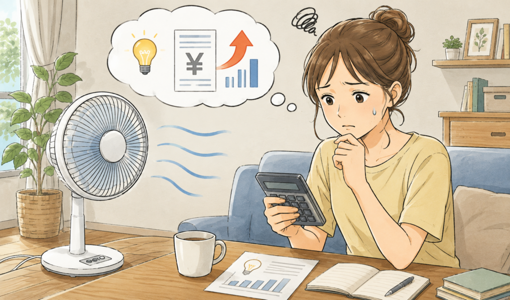 扇風機をつけっぱなしにしたときの電気代を気にしながら、電卓で料金を確認する女性のイラスト