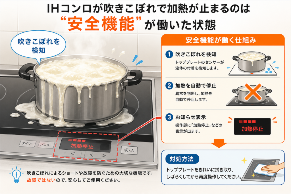 吹きこぼれを検知した安全機能により、自動で加熱が停止したIHコンロのイメージイラスト