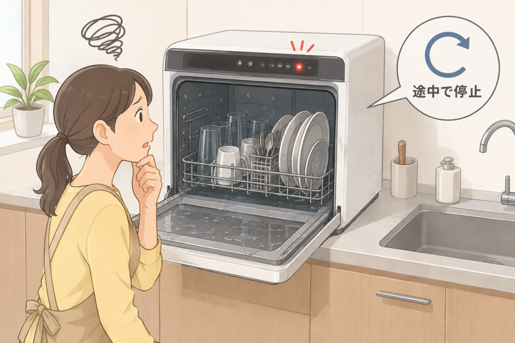 運転途中で停止した食洗機を見ながら、困った様子で確認している女性のイラスト