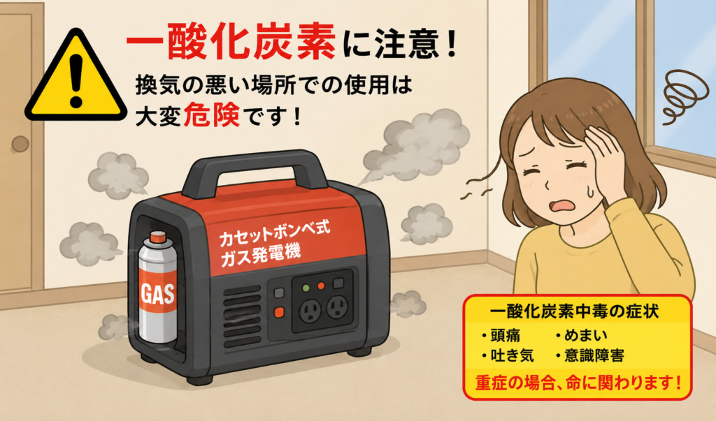室内でカセットボンベ式ガス発電機を使用し、一酸化炭素中毒の危険性を注意喚起しているイラスト