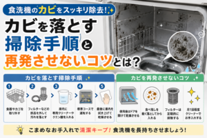 食洗機の庫内に発生したカビと、カビを落とす掃除手順・再発を防ぐお手入れ方法を解説したイラスト
