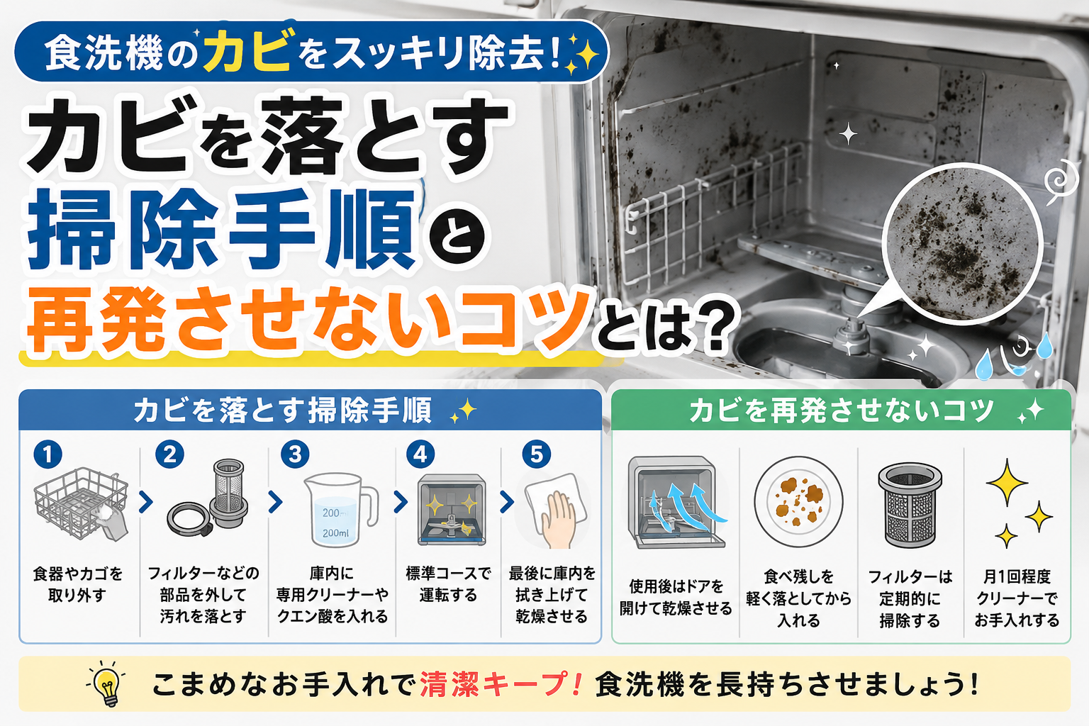 食洗機の庫内に発生したカビと、カビを落とす掃除手順・再発を防ぐお手入れ方法を解説したイラスト