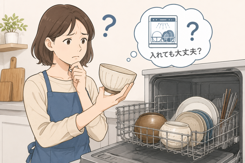 陶器の器を食洗機に入れても大丈夫か悩んでいる女性のイメージイラスト