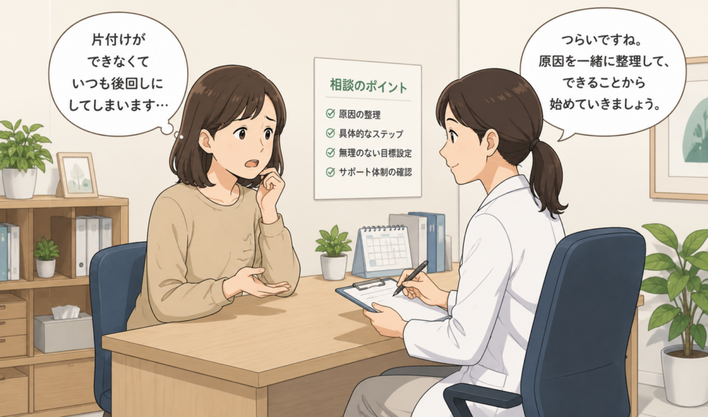 病院の診察室で、片付けができない悩みを専門家に相談している女性のイラスト