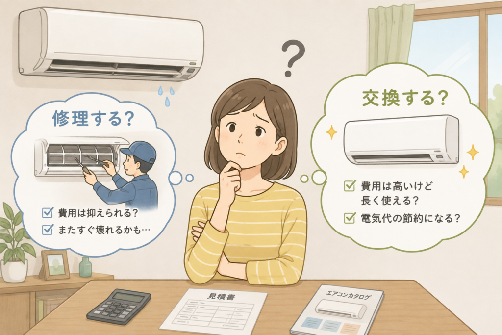 エアコンを修理するか新品に交換するか、費用や今後の使用を考えながら悩んでいる女性のイラスト