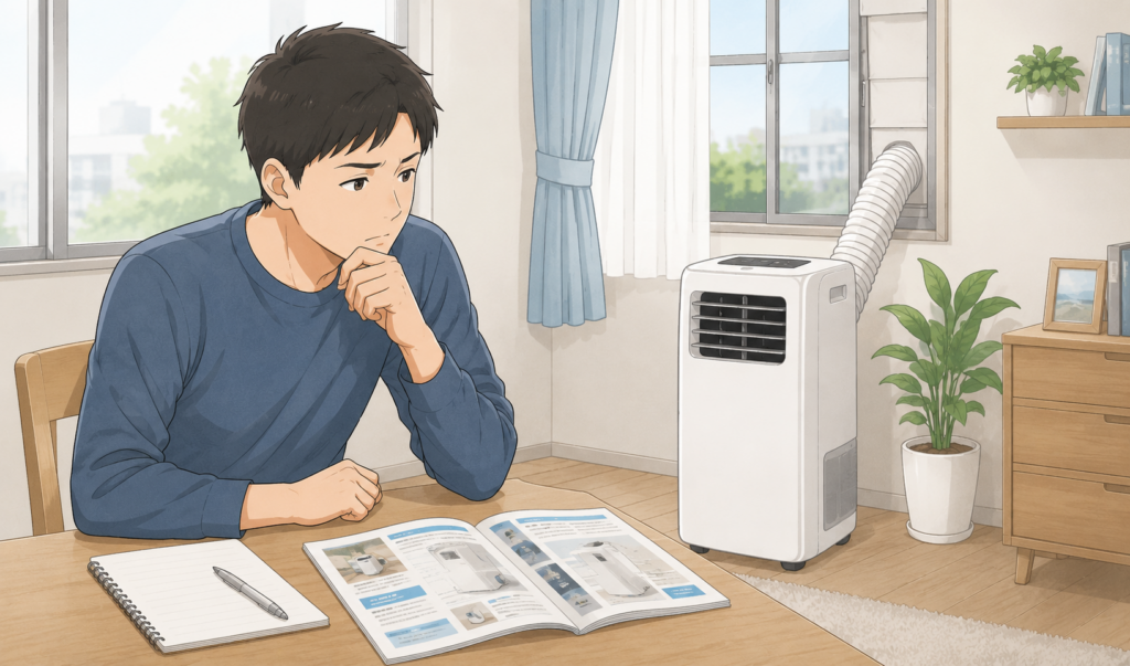 ポータブルクーラーのカタログを見ながら導入しようか悩んでいる男性のイラスト