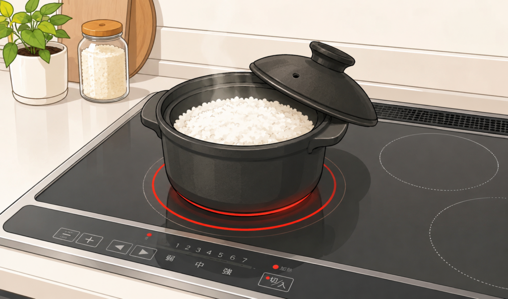 IHコンロの上に鍋を置き、ご飯を炊いている様子のイメージイラスト