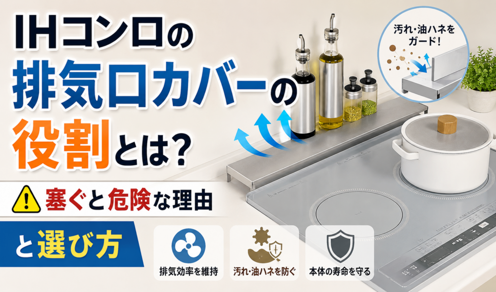 IHコンロの排気口カバーの役割と、排気口を塞ぐ危険性や選び方を解説するイメージ