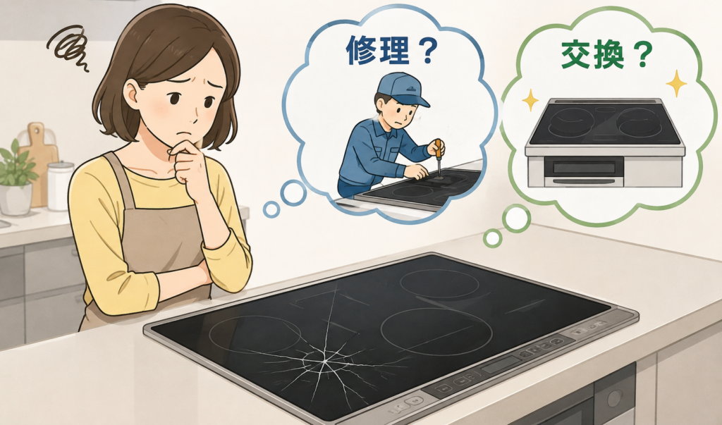 ガラス面にヒビが入ったIHコンロを前に、修理するか交換するか悩んでいる女性のイラスト