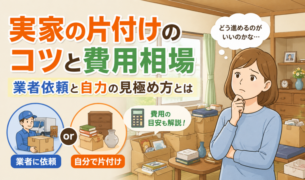 実家の片付けで業者に依頼するか自力で進めるか悩んでいる女性と、荷物や段ボールが置かれた室内のイラスト