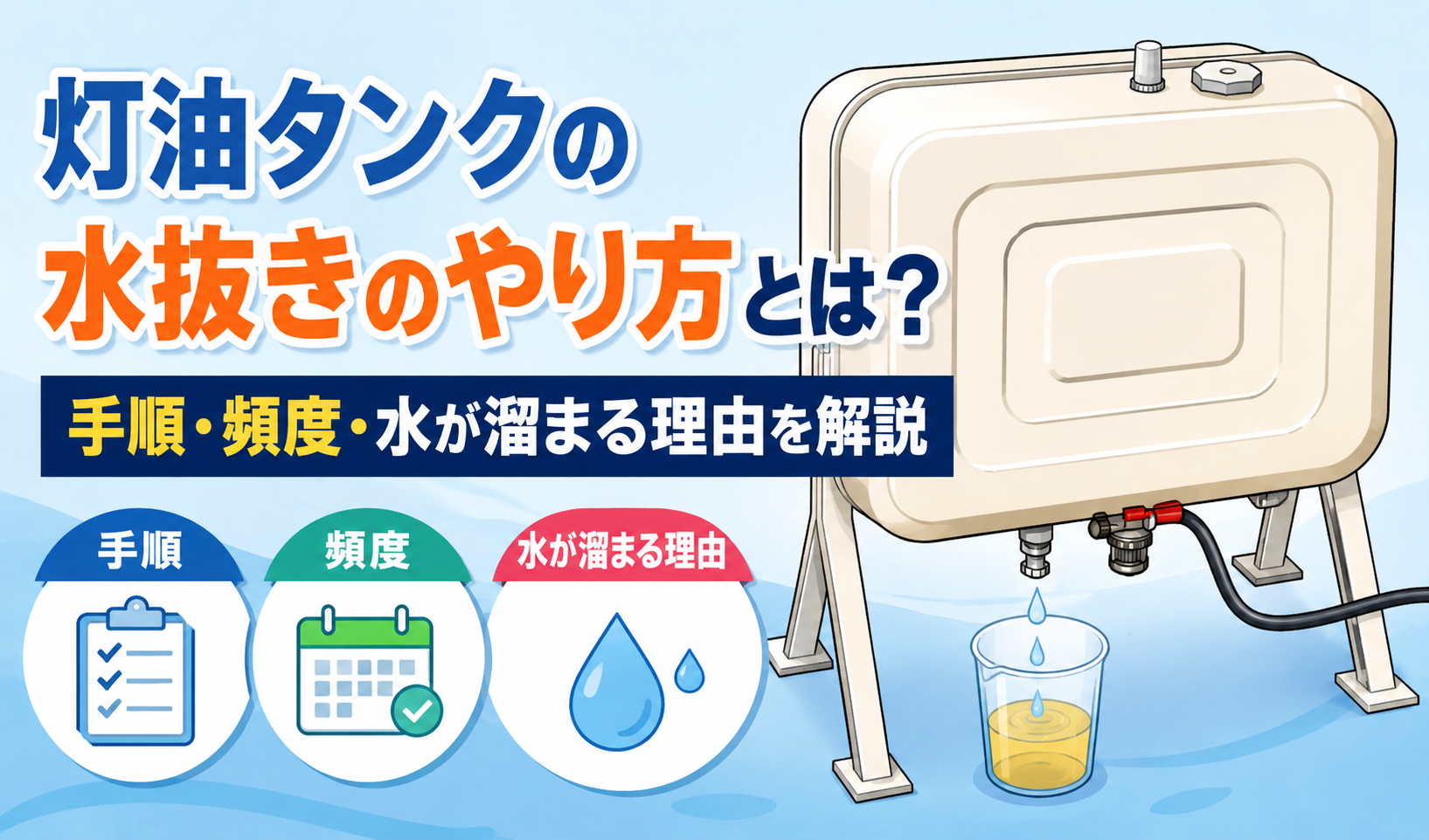 灯油タンクの水抜き方法について、排水口から水を抜く様子と手順・頻度・水が溜まる理由を示したイラスト